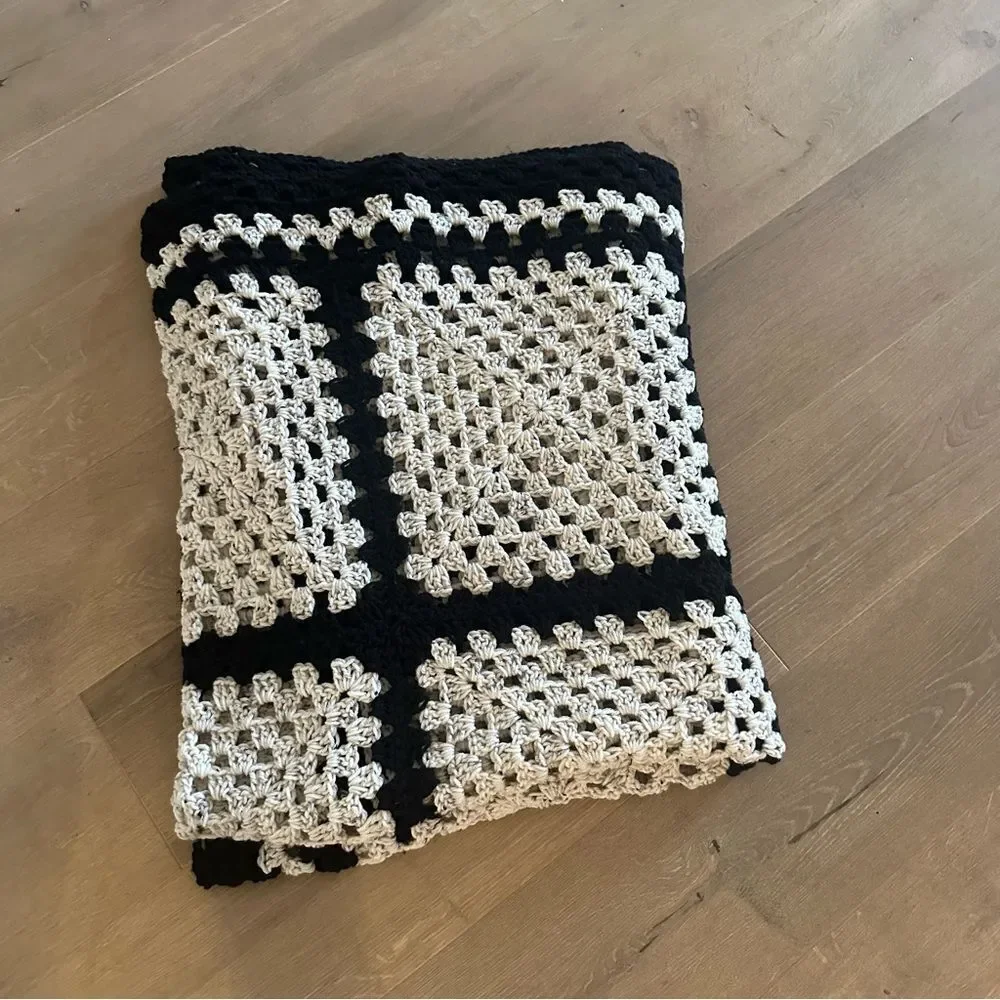 Handmade Crochet Throw Blanket Granny Blanket Sweater Style Beige Black